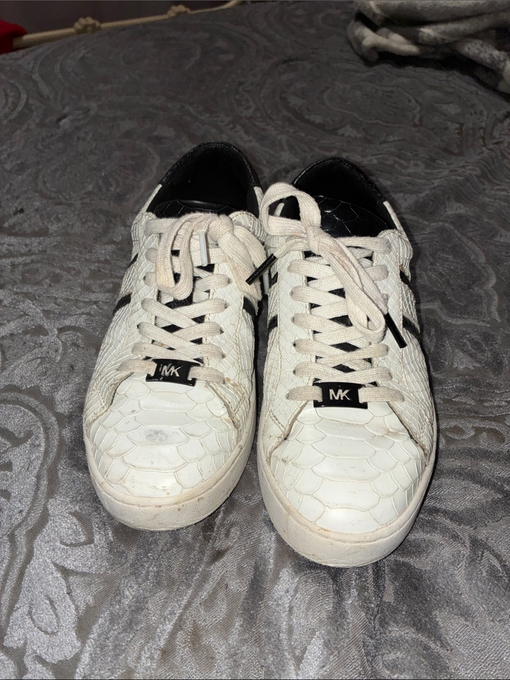 Michael Kors White Textured Snake-Embossed Men’s Sneakers with Black Accents